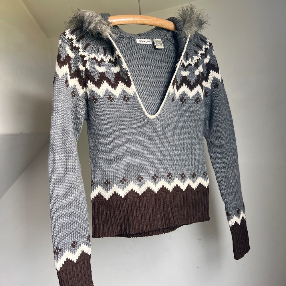 Vintage 90s Energie Fair Isle Faux Fur Hooded Sweater Grey Y2K Gorpcore Preppy - Picture 8 of 10